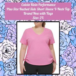 CK Performance Plus Size Ruched Side Short Sleeve V-Neck Top 2X
